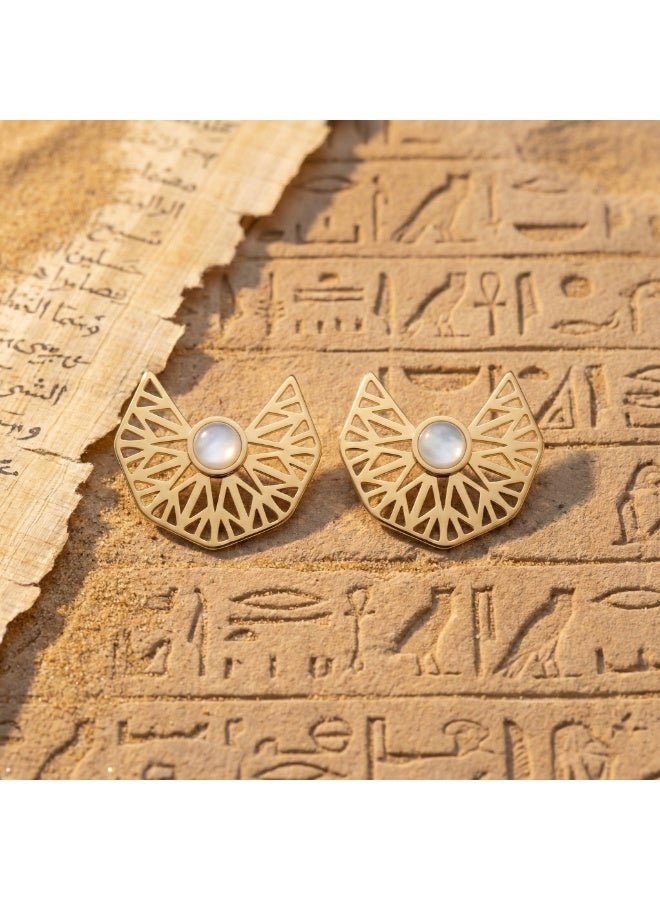 Pharaonic Sun Wings Earrings – 316 Stainless Steel – Golden Engraved Design with Pearl Center